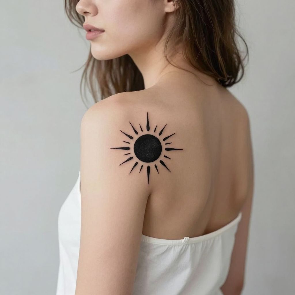 Small Sun with Radiant Rays Near Shoulder
