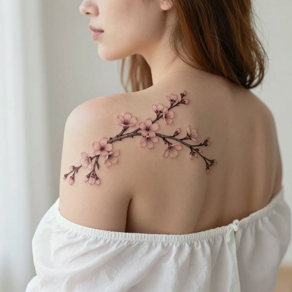 Delicate Cherry Blossom Branch Arching Across Shoulder