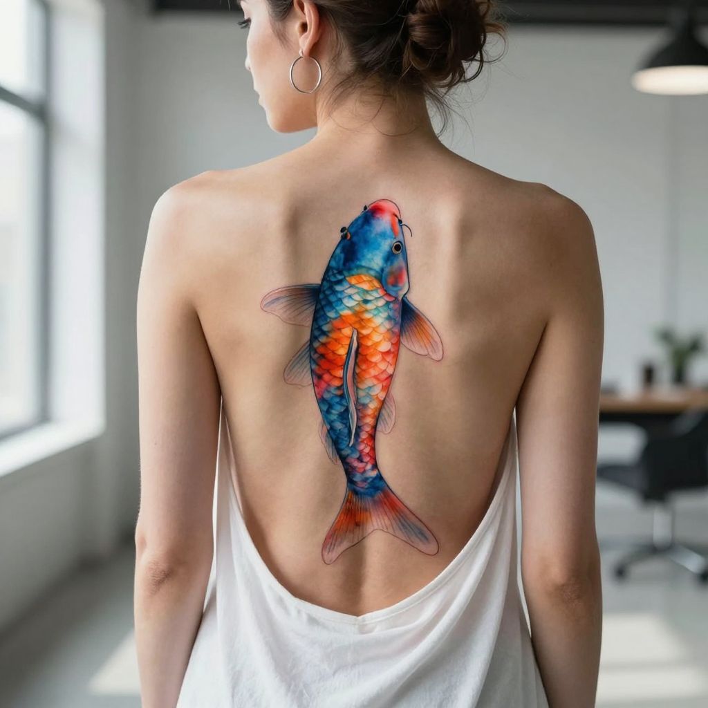 Watercolor Koi Fish Swim Along Spine