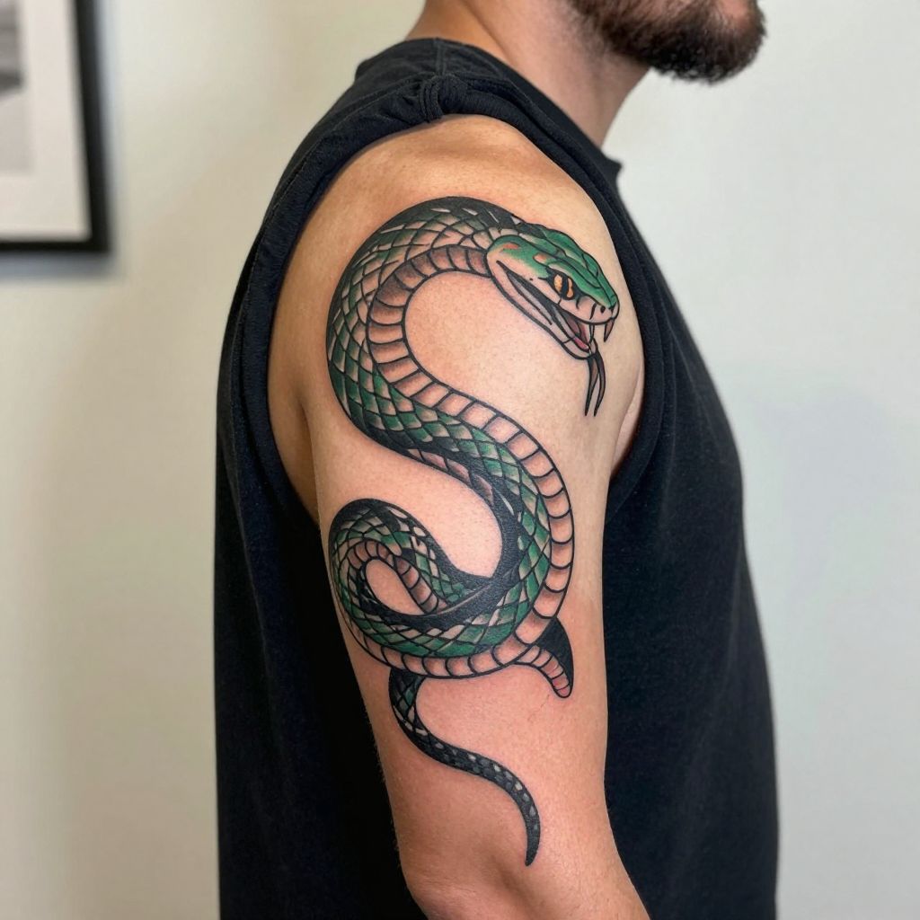 Wrapped snake with bold flow bicep tattoo idea
