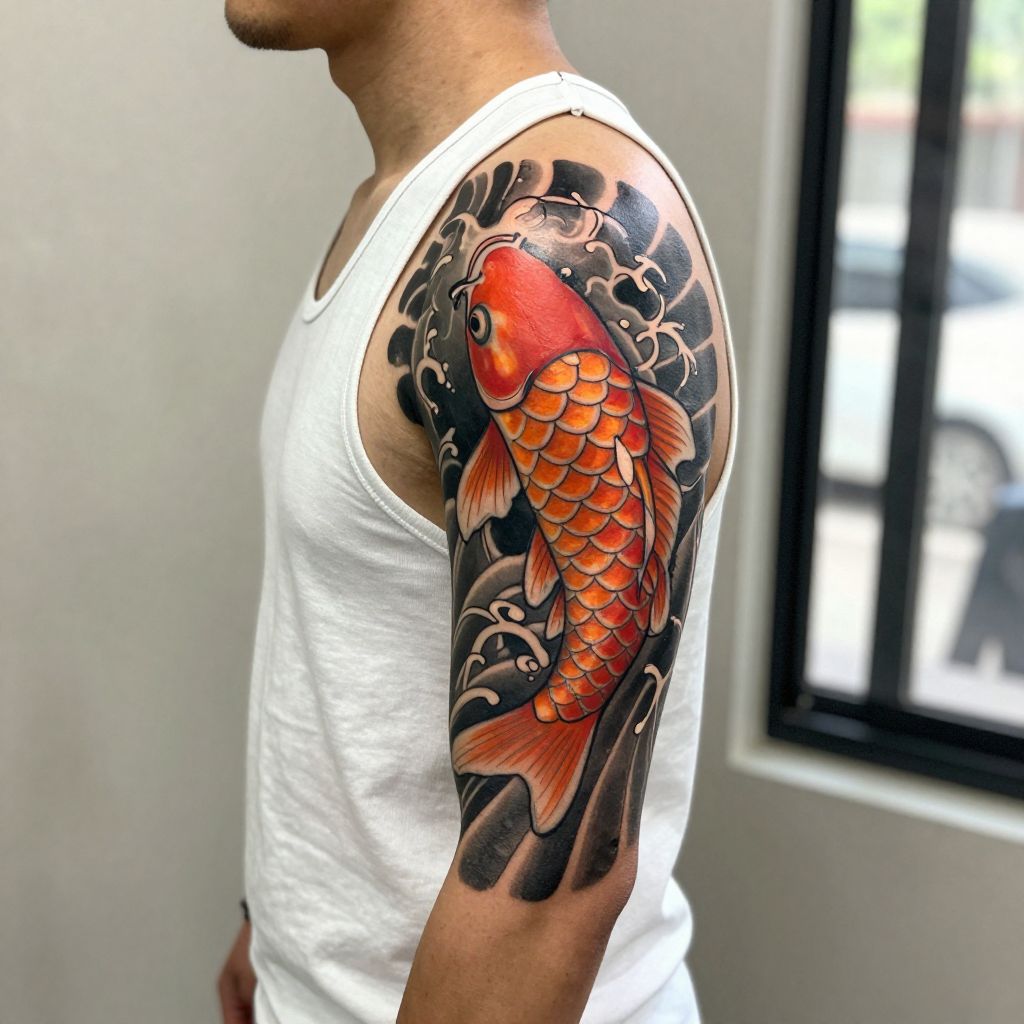 Japanese koi fish with flowing water bicep tattoo idea