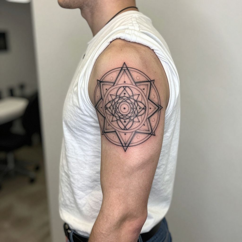 Sacred geometry in a circular layout bicep tattoo idea