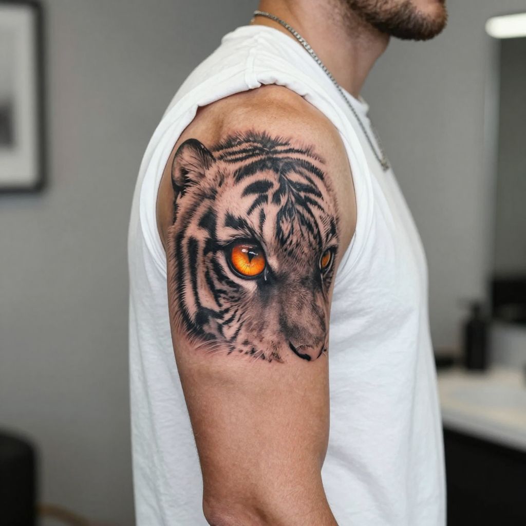 Tiger eye with intense focus bicep tattoo idea