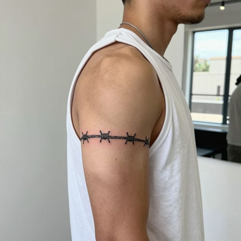 Barbed wire with modern clean lines bicep tattoo idea