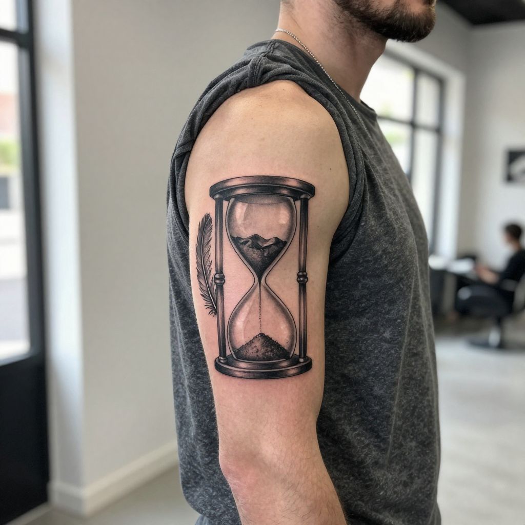 Winged hourglass with fine detail bicep tattoo idea