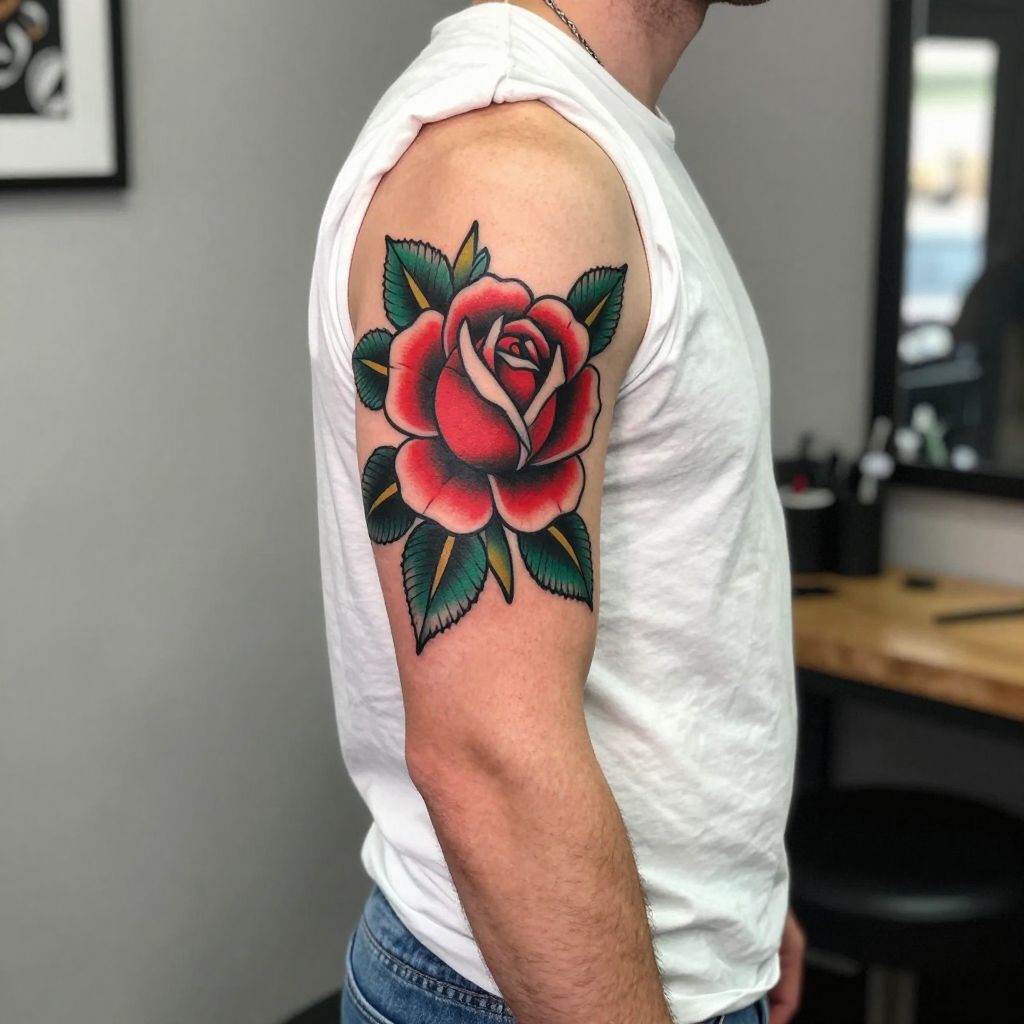 Traditional rose with thick outline bicep tattoo idea
