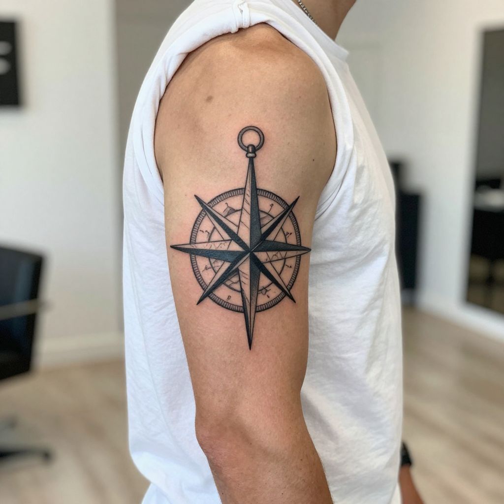 Compass with map inspired lines bicep tattoo idea