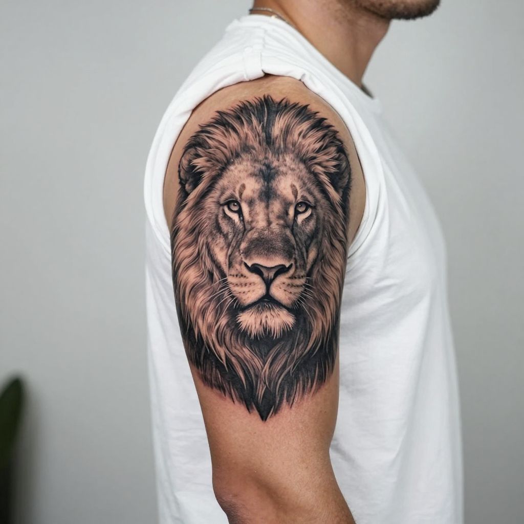 Lion portrait with regal detail bicep tattoo idea