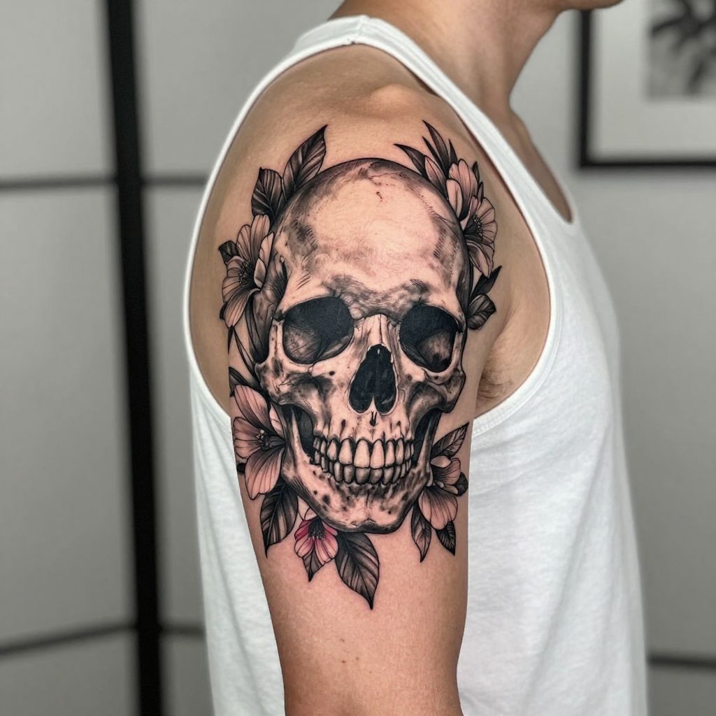 Skull with floral contrast bicep tattoo idea