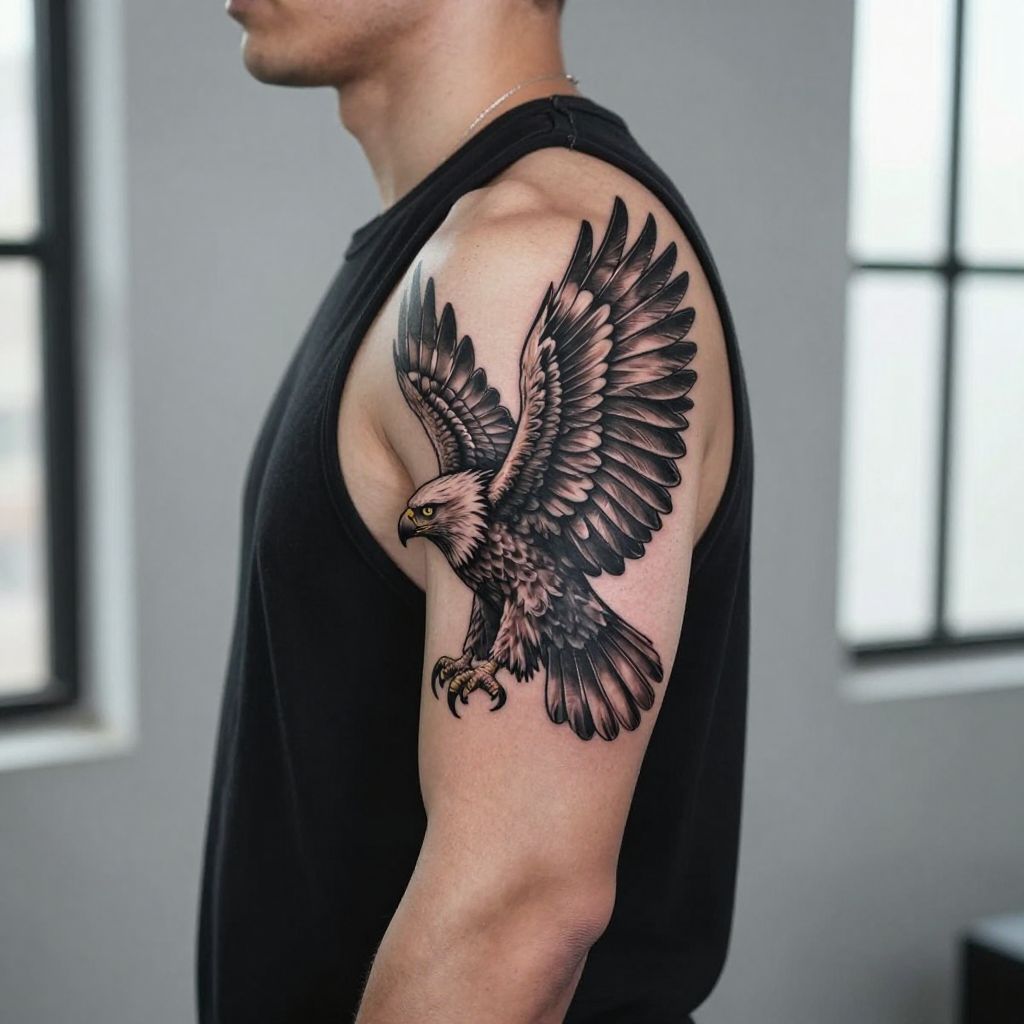 Eagle with spread wings bicep tattoo idea