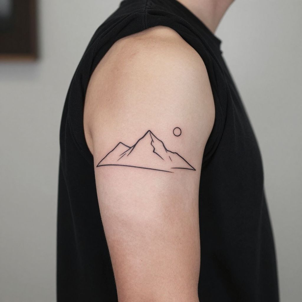 Minimal mountain line scene bicep tattoo idea