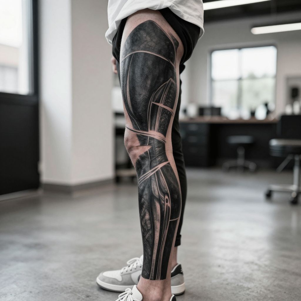 blackout tattoo ideas blackout leg sleeve with clean knee breaks