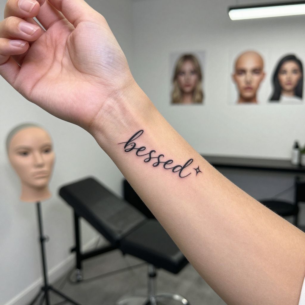 Blessed Script With Fine Line Spark tattoo idea