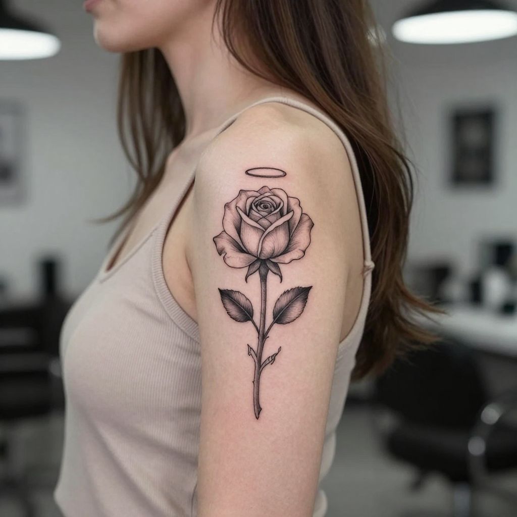 Blessed Halo Over Minimal Rose tattoo idea