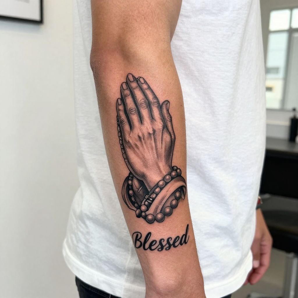 Blessed Hands With Prayer Beads tattoo idea