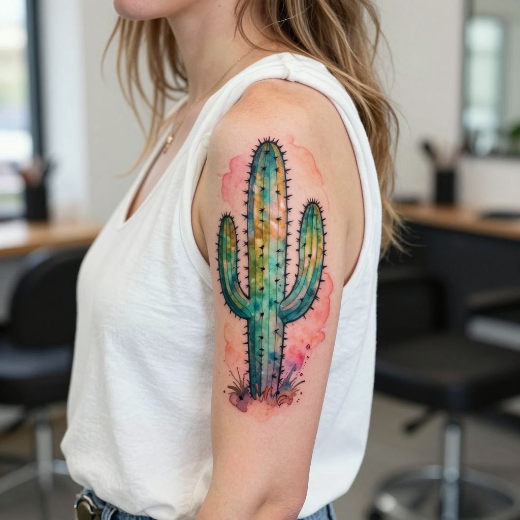 Watercolor cactus tattoo