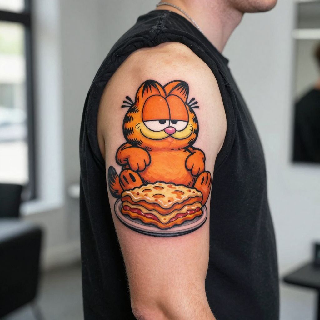 Garfield with Lasagna Plate cartoon tattoo idea