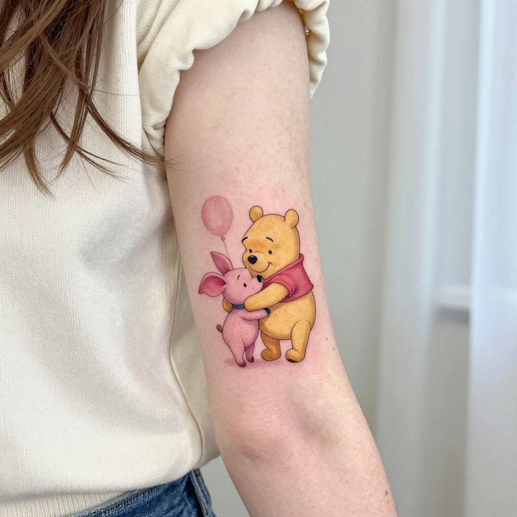 Winnie the Pooh Hugging Piglet cartoon tattoo idea
