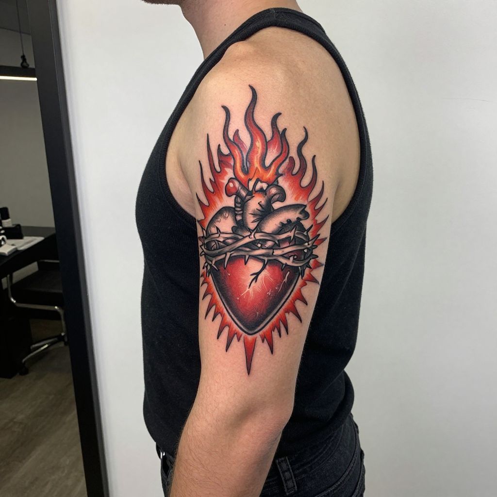 Sacred Heart With Radiant Flames tattoo idea