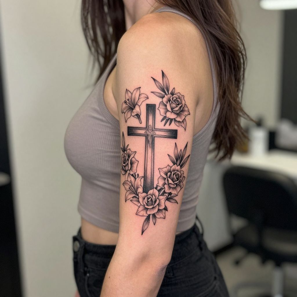 Cross With Floral Frame tattoo idea