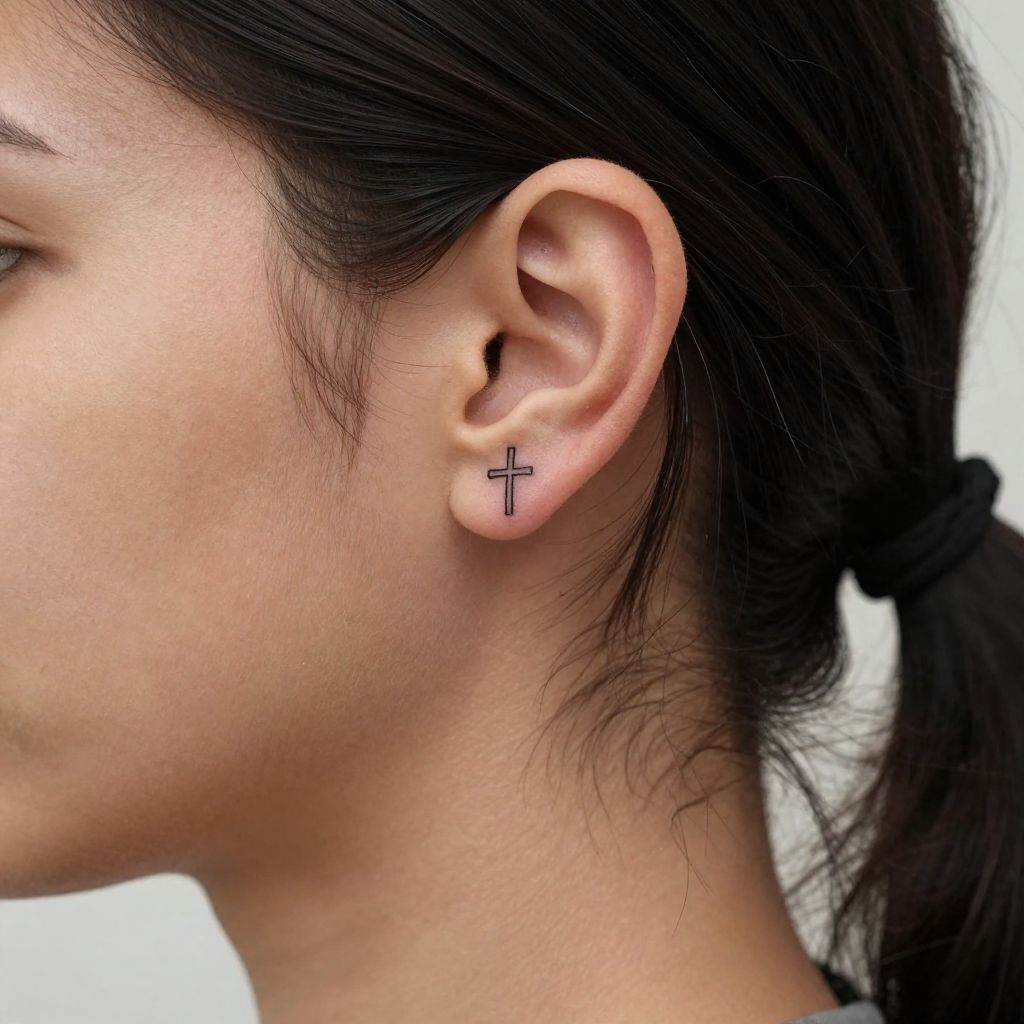 Tiny Cross Behind The Ear tattoo idea
