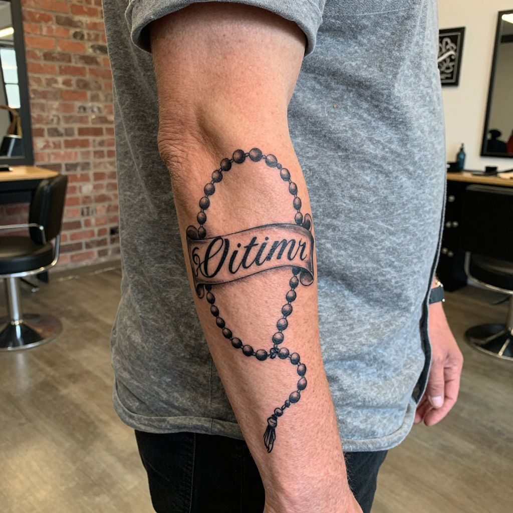 Rosary Beads With Name Banner tattoo idea