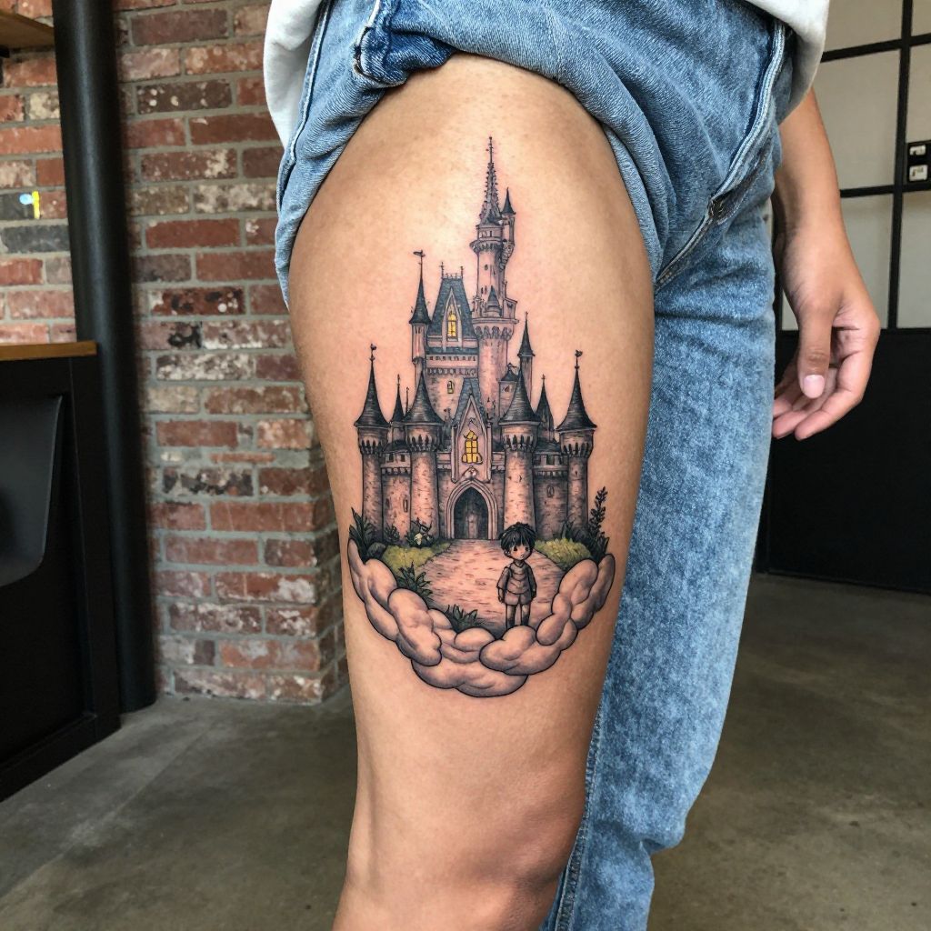 Storybook Castle and Child Figure tattoo idea