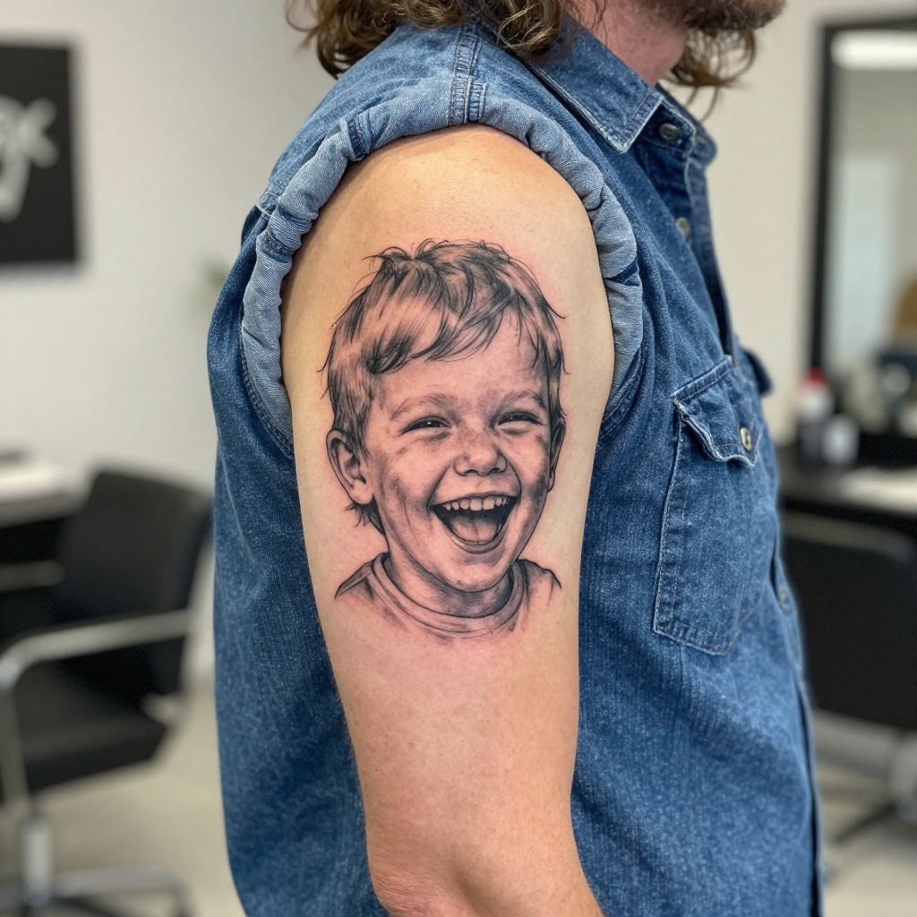 Child Laughing Face Sketch tattoo idea
