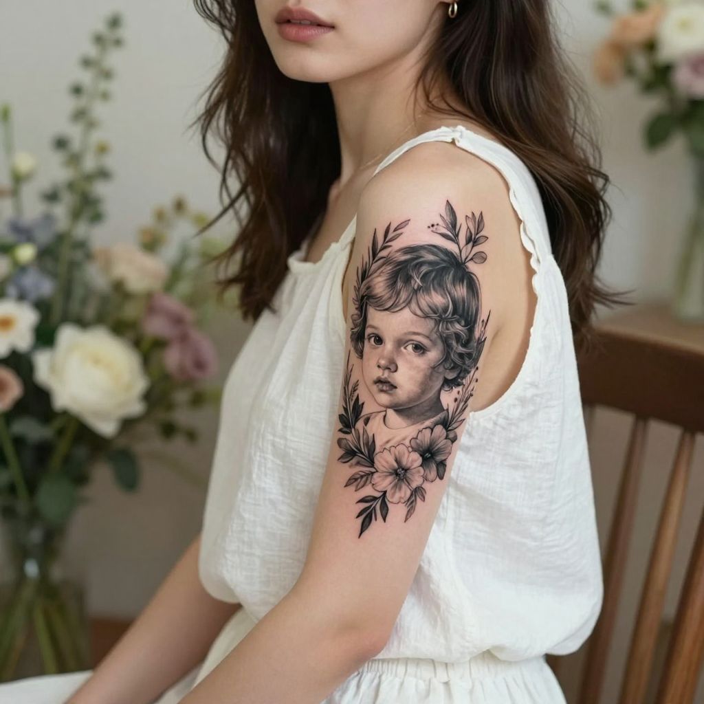Child Face with Floral Frame tattoo idea