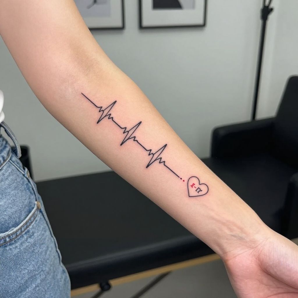 Small Heartbeat and Initials tattoo idea