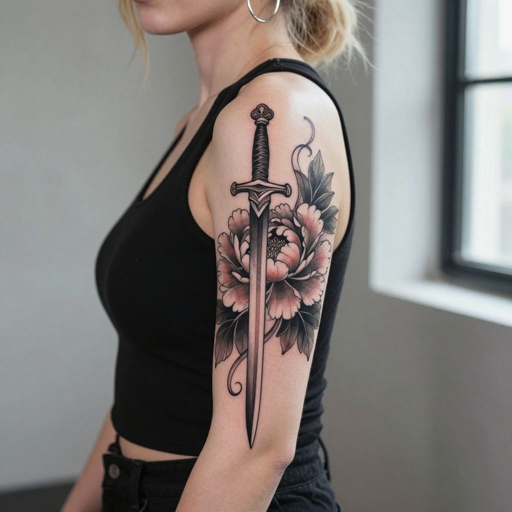 Chinese Sword and Peony Tattoo