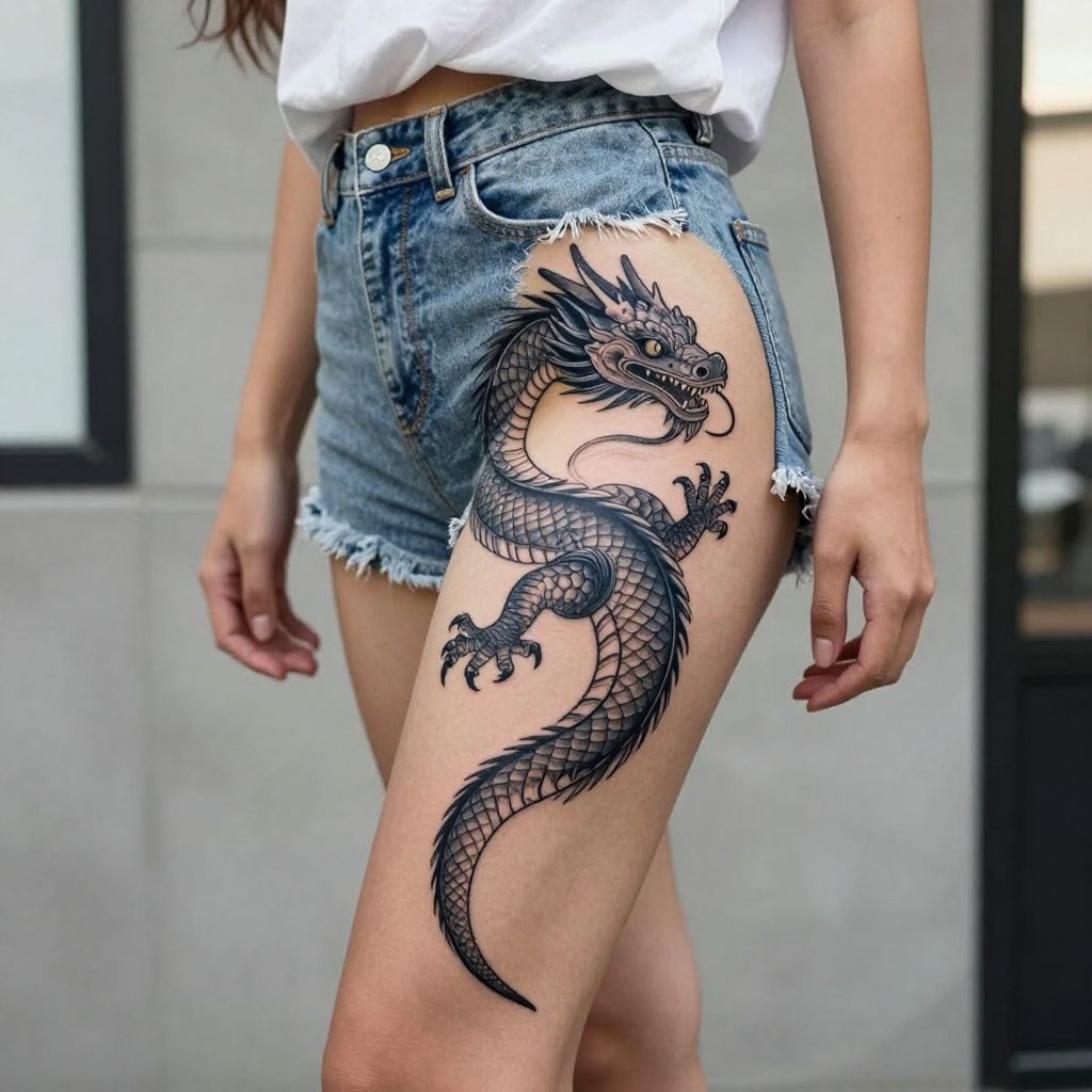 Chinese Water Dragon Thigh Tattoo