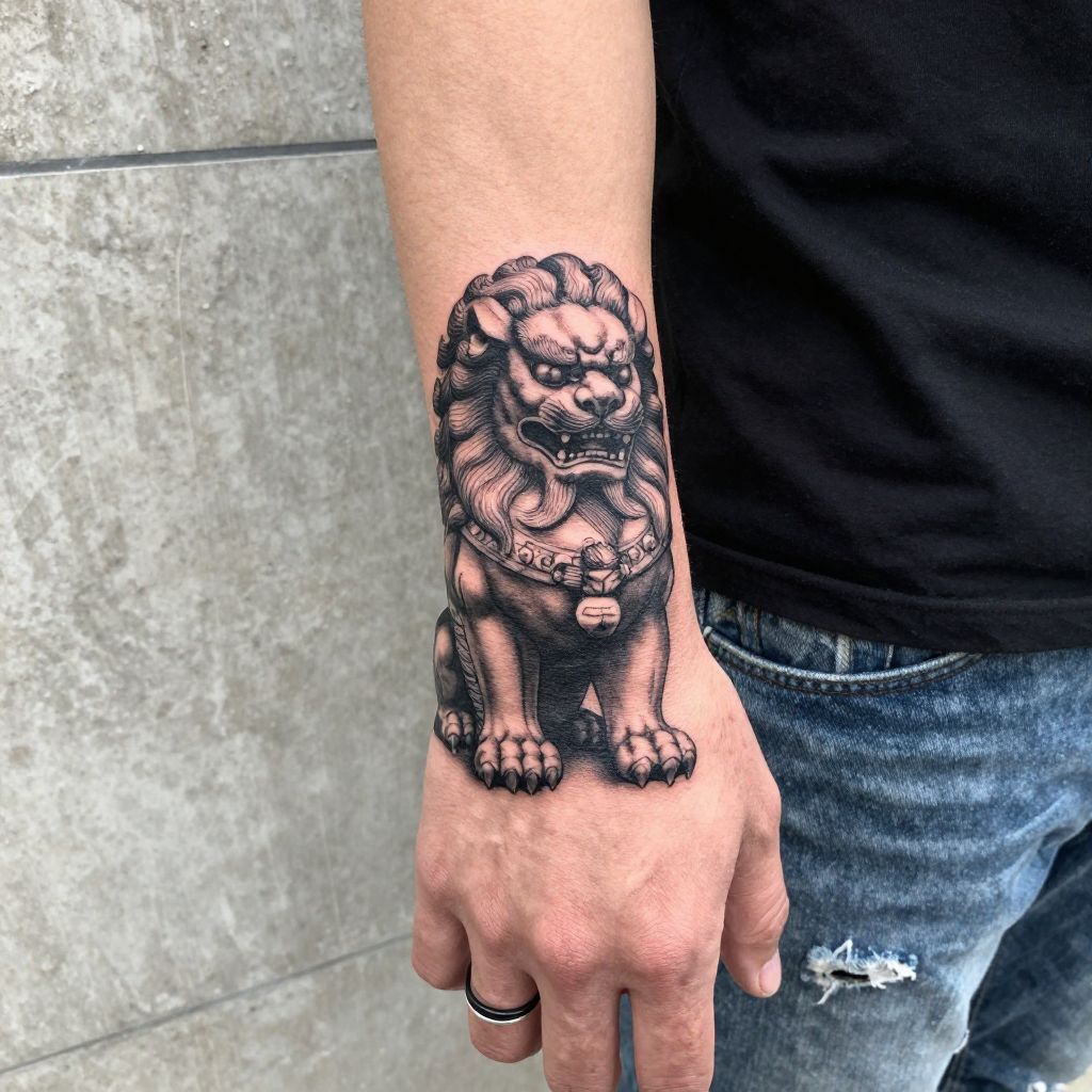 Chinese Lion Statue Hand Tattoo