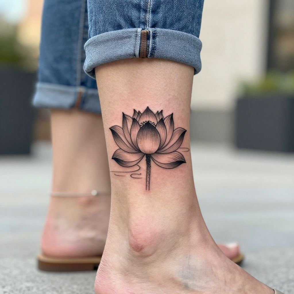 Chinese Lotus Ankle Tattoo