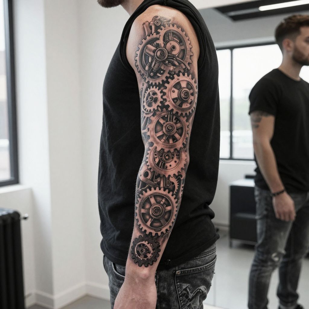 Mechanical Gearwork cover up tattoo ideas male