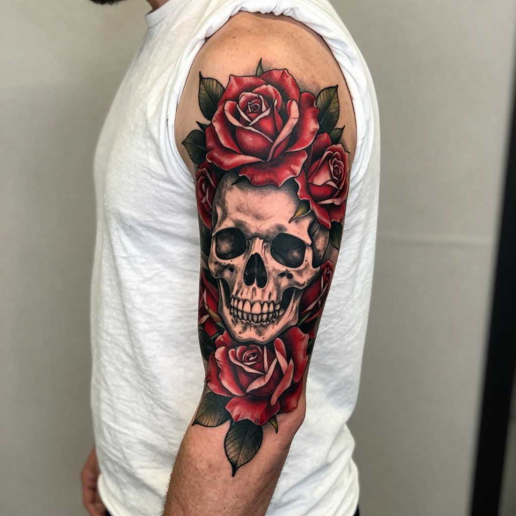 Skull with Roses cover up tattoo ideas male