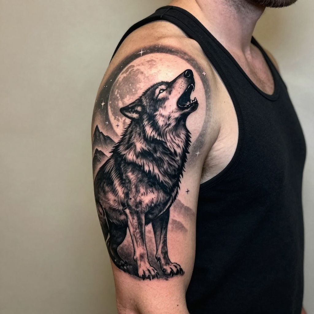 Wolf Howling at Moon cover up tattoo ideas male