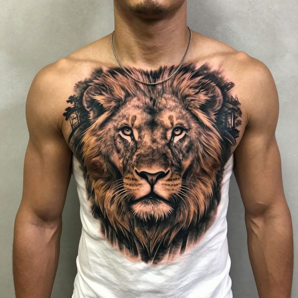 Realistic Lion Portrait cover up tattoo ideas male