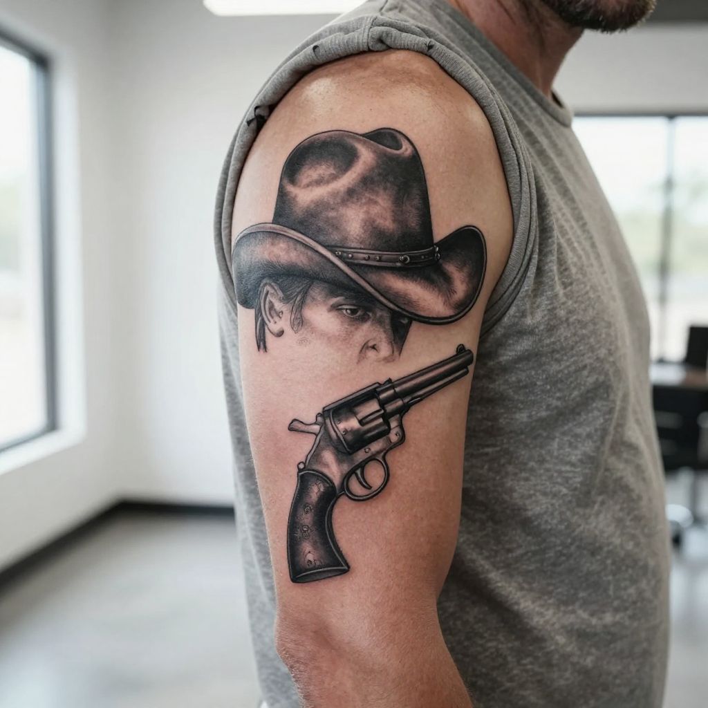 Classic Cowboy Hat and Revolver tattoo idea