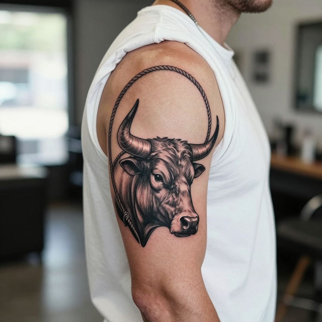 Lassoed Bull Head tattoo idea