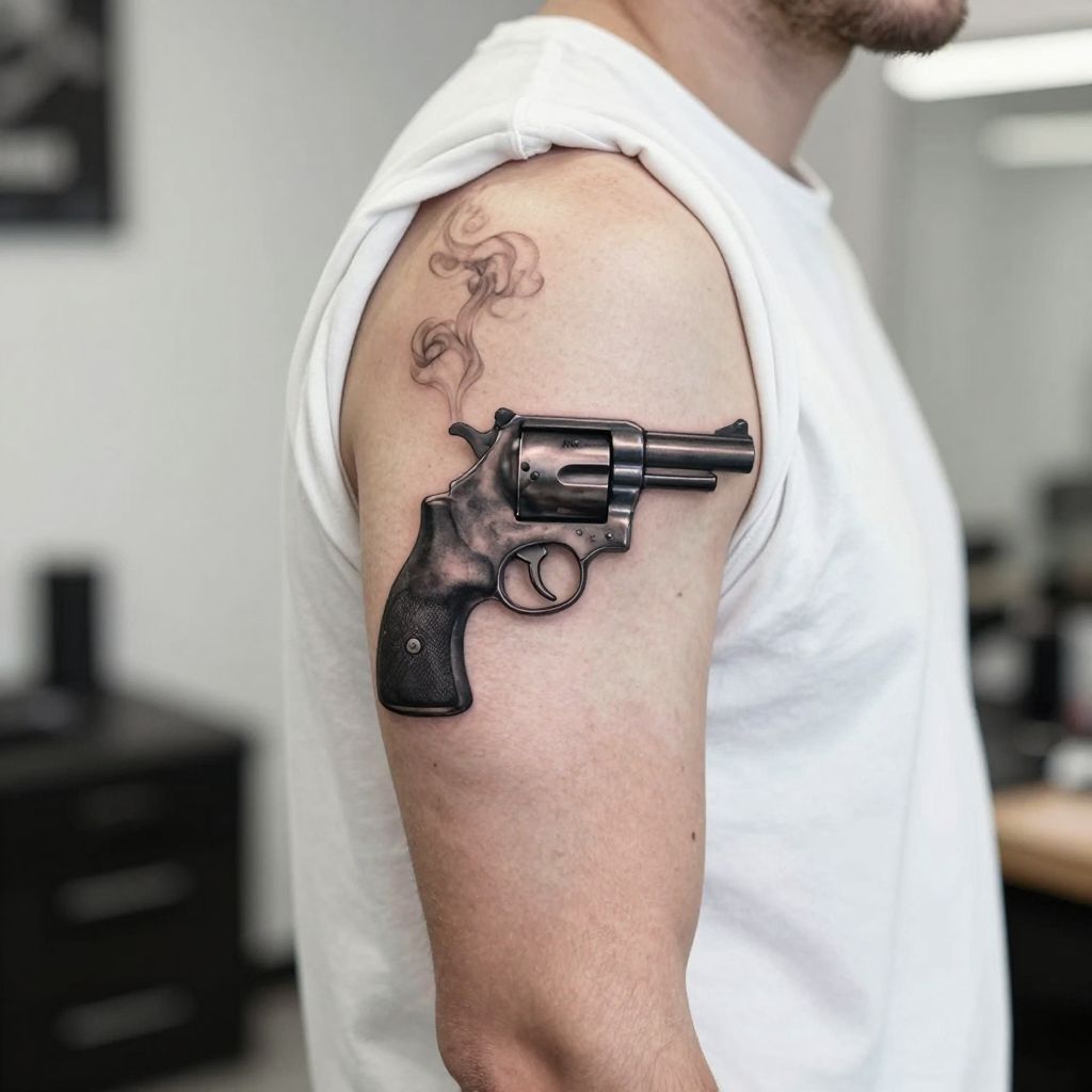 Six-Shooter Revolver with Smoke tattoo idea