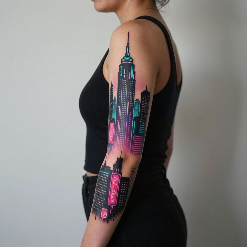 Neon City Skyline cyberpunk tattoo idea