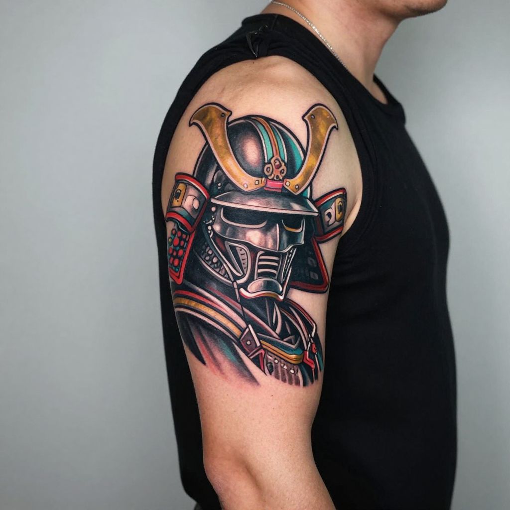 Neon Samurai Helmet cyberpunk tattoo idea