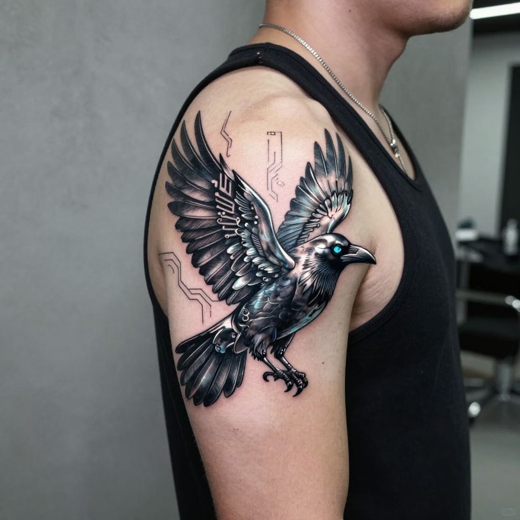 Chrome Raven cyberpunk tattoo idea