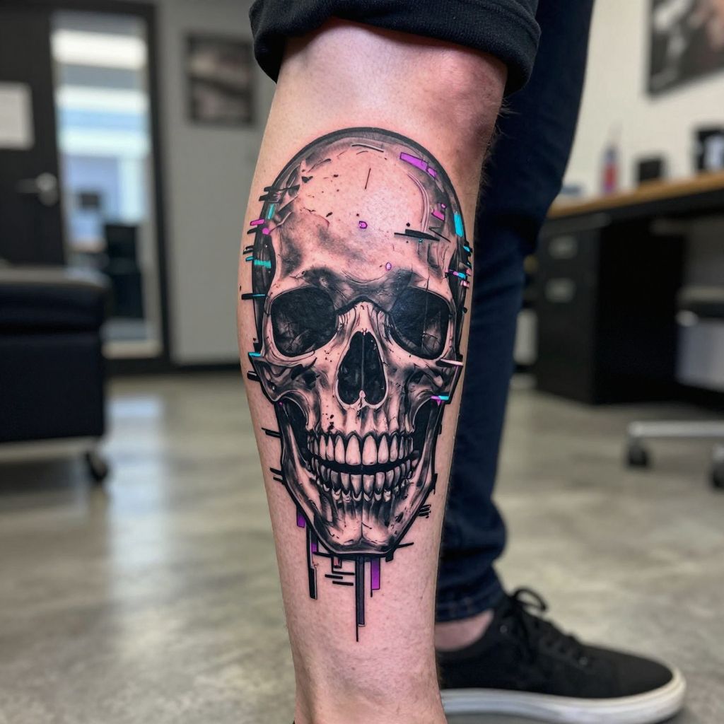 Glitch Skull cyberpunk tattoo idea