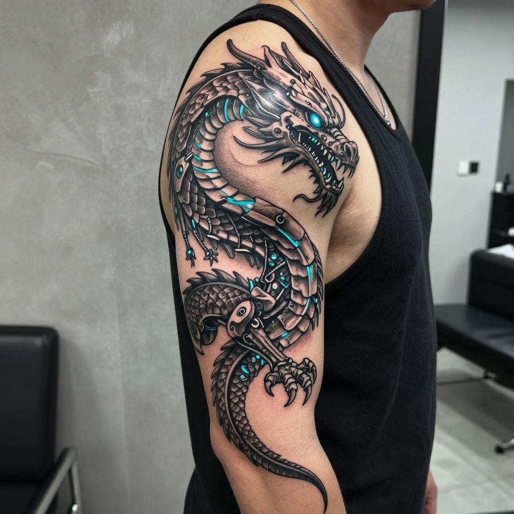 Synthetic Dragon cyberpunk tattoo idea