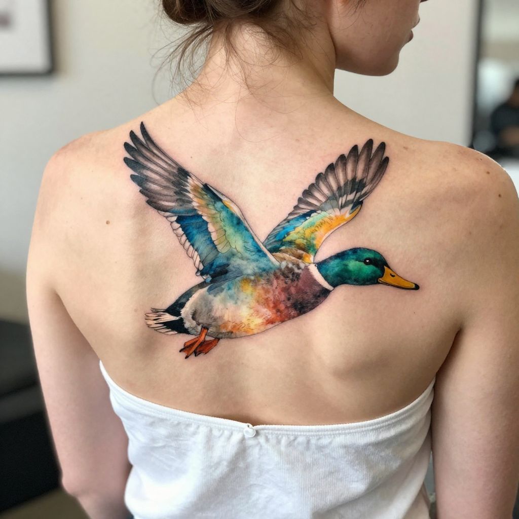Watercolor Duck in Flight
