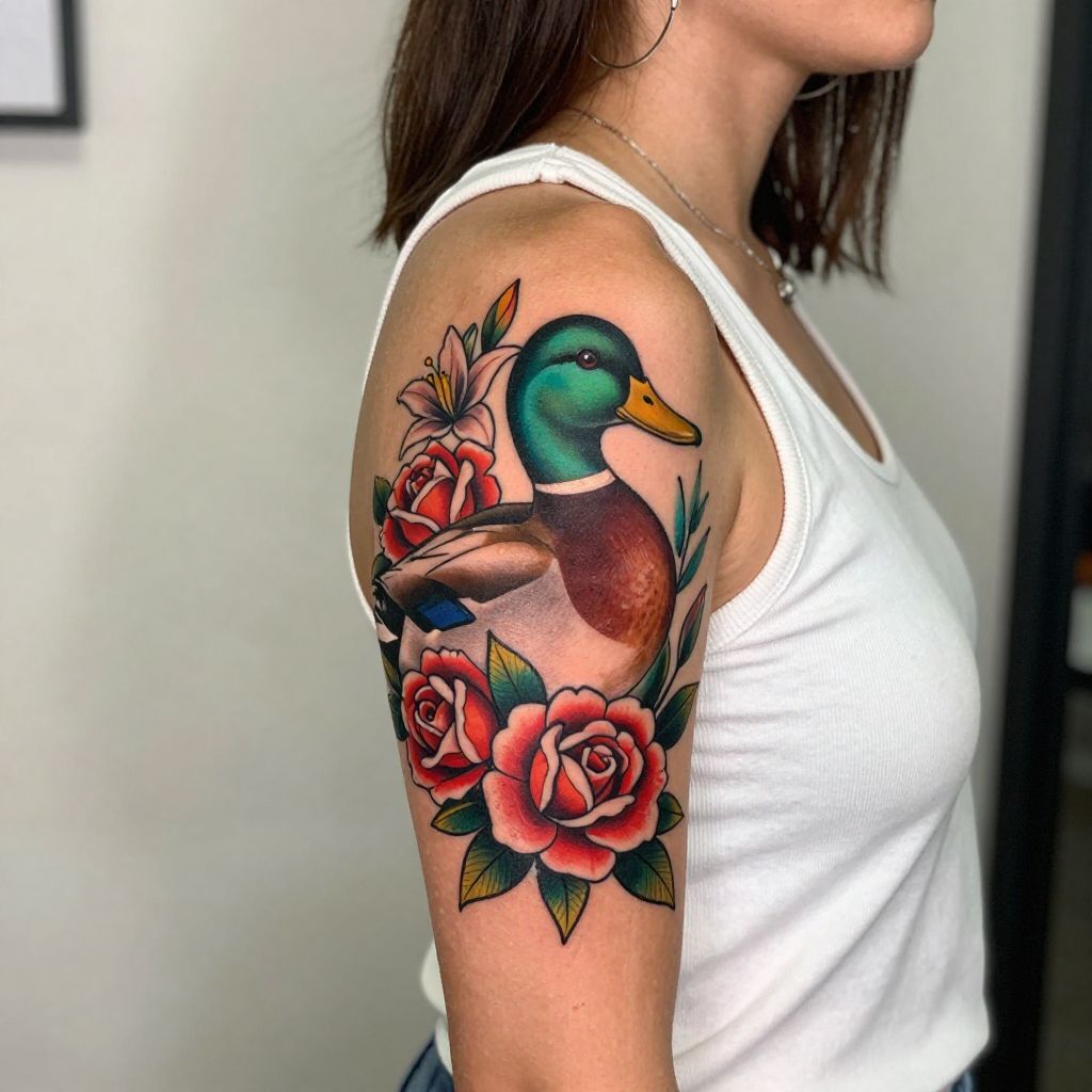 Neo-Traditional Duck with Floral Accents