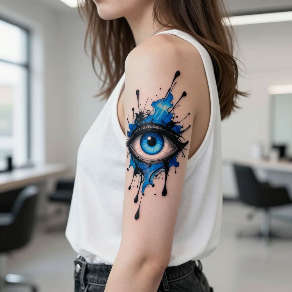Abstract Evil Eye Splash with Ink Drips tattoo idea