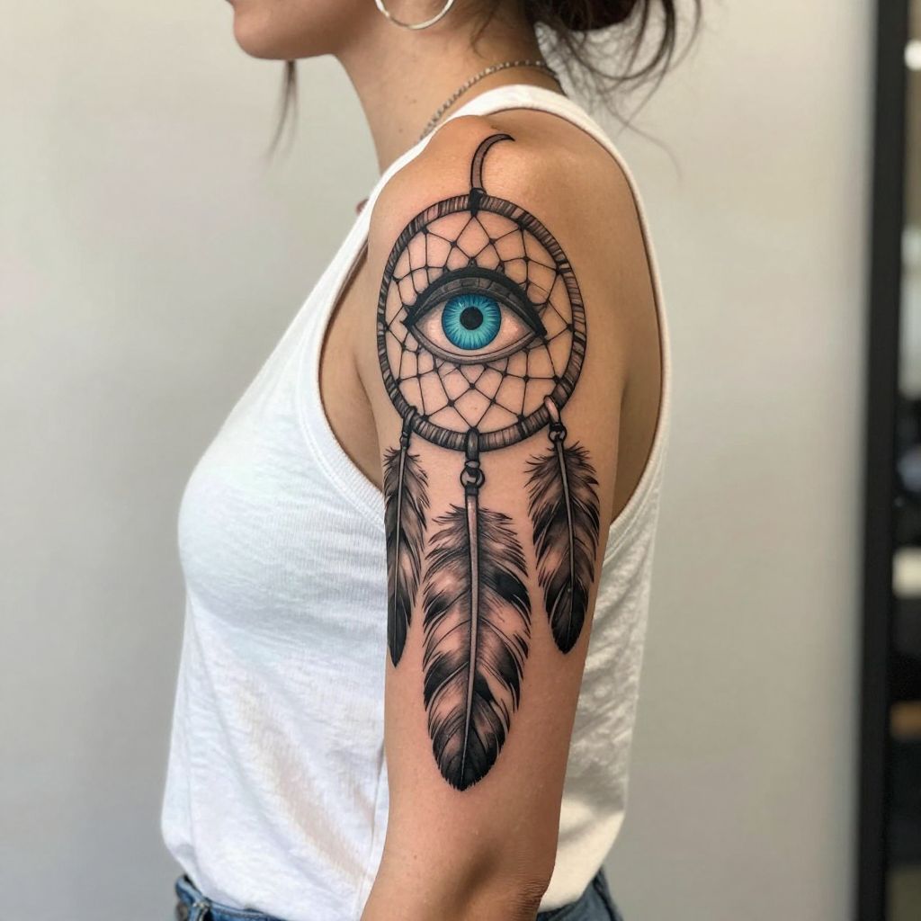 Evil Eye with Feathers and Dreamcatcher tattoo idea